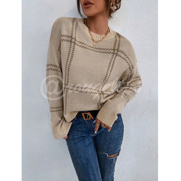 Grid Plaid Pattern Beige Knit Crew Neck Pullover Sweater - Picture 4 of 9